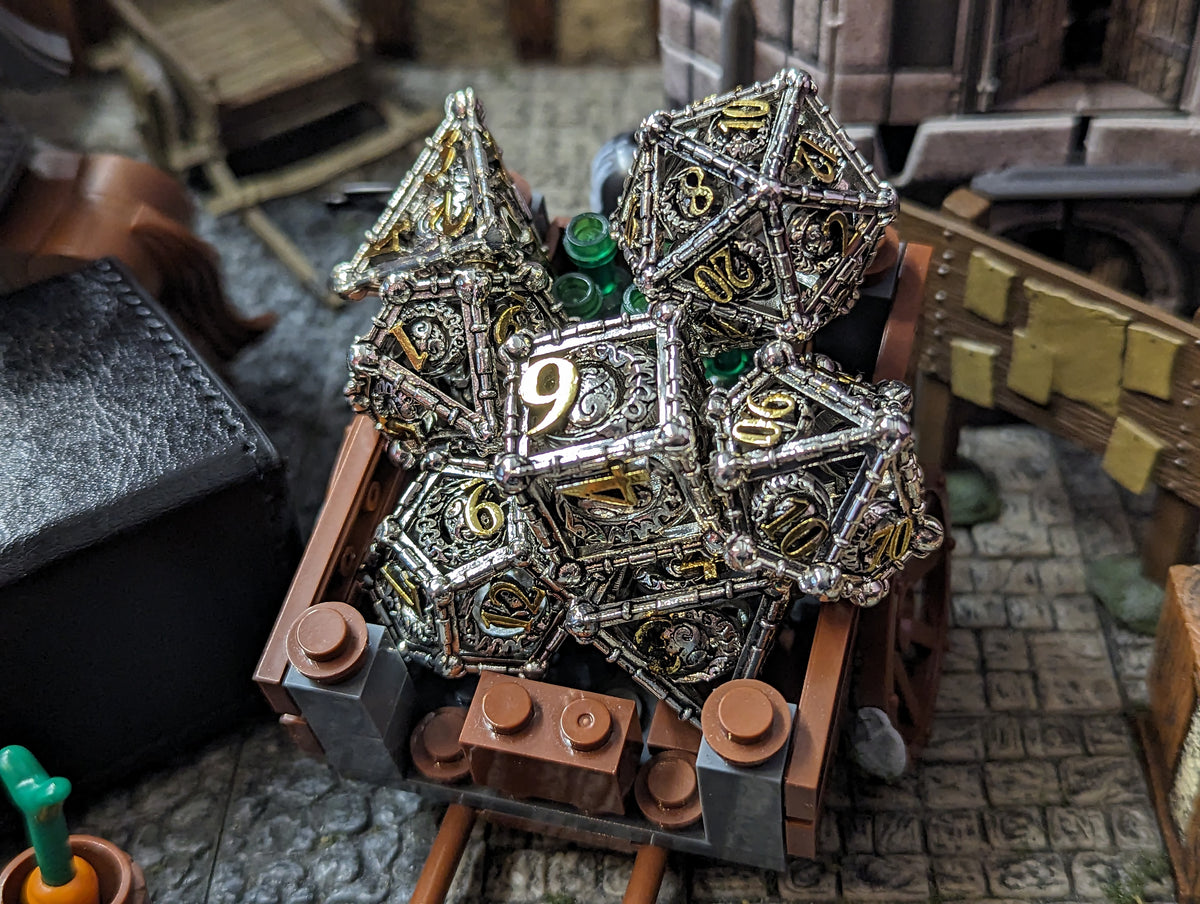 Lunar Cavalier in Moonlit Silver, Hollow Metal RPG Set – DnDice